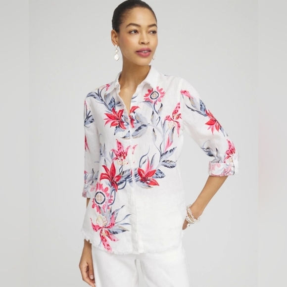 Chico's Linen Floral Fringe Shirt Sz M - Picture 1 of 10